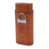 3 Finger Cigar Case Iron Cover Portable Soft Glossy Leather Cigar Holder Case with Cutter for Travel Brown