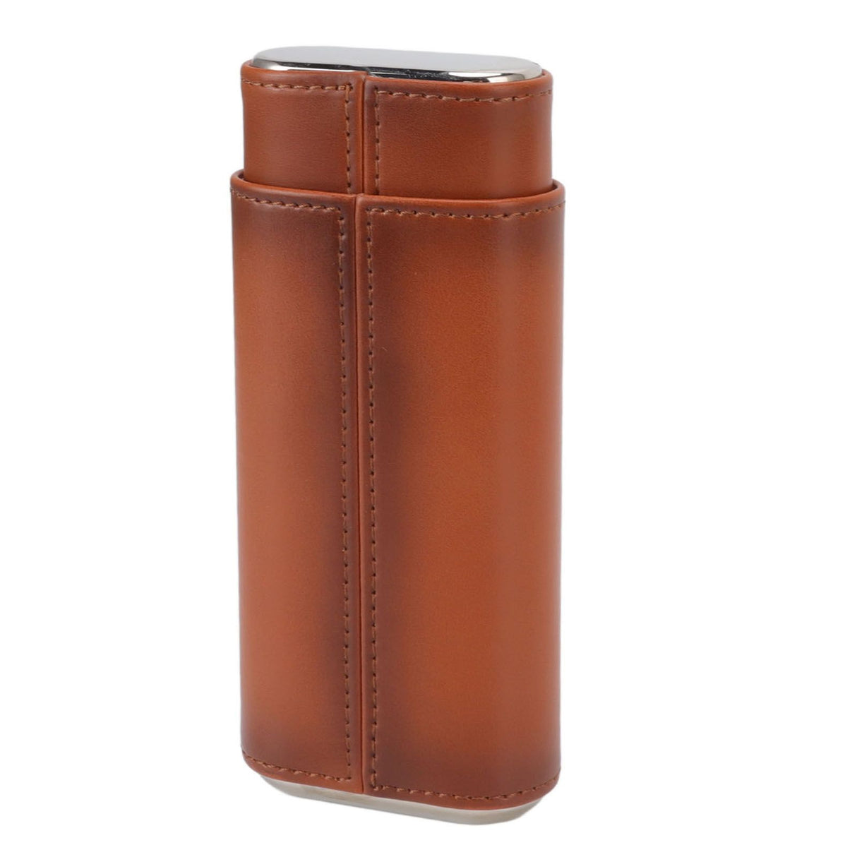 3 Finger Cigar Case Iron Cover Portable Soft Glossy Leather Cigar Holder Case with Cutter for Travel Brown