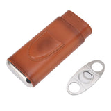 3 Finger Cigar Case Iron Cover Portable Soft Glossy Leather Cigar Holder Case with Cutter for Travel Brown - Extra Image