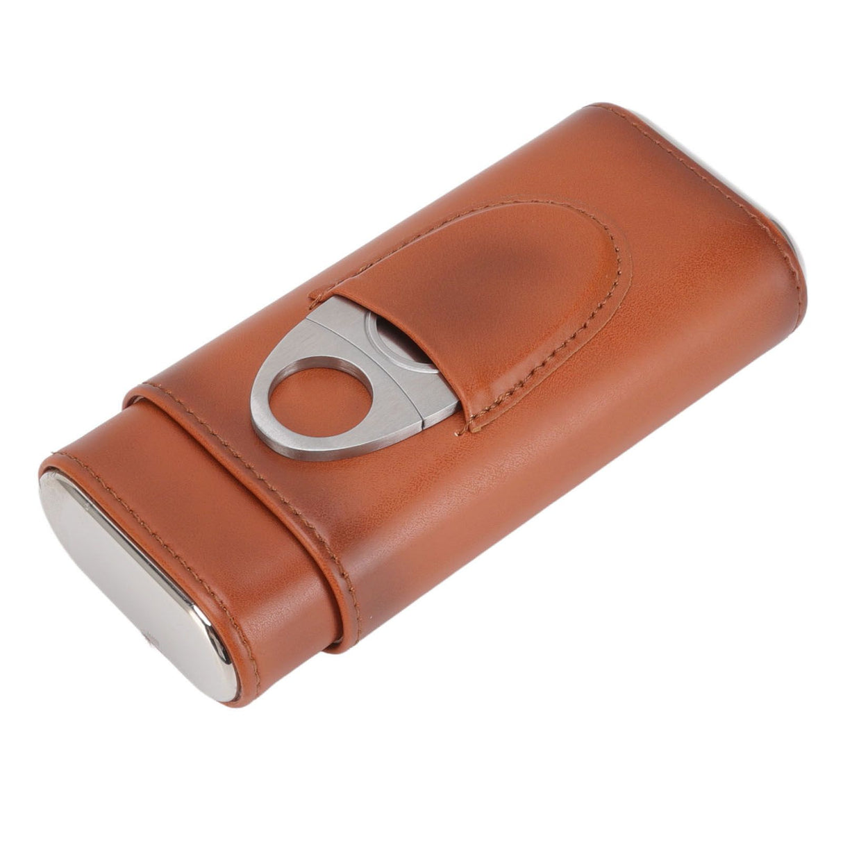 3 Finger Cigar Case Iron Cover Portable Soft Glossy Leather Cigar Holder Case with Cutter for Travel Brown