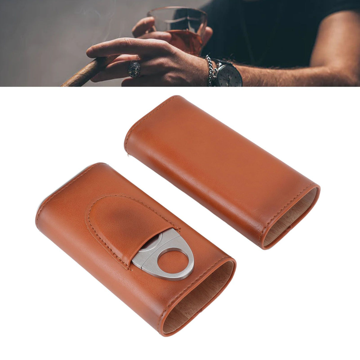 3 Finger Cigar Case Iron Cover Portable Soft Glossy Leather Cigar Holder Case with Cutter for Travel Brown