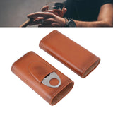 3 Finger Cigar Case Iron Cover Portable Soft Glossy Leather Cigar Holder Case with Cutter for Travel Brown