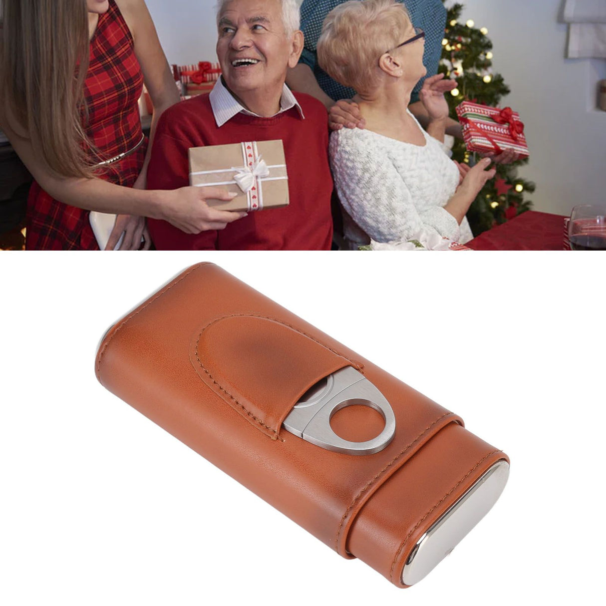 3 Finger Cigar Case Iron Cover Portable Soft Glossy Leather Cigar Holder Case with Cutter for Travel Brown