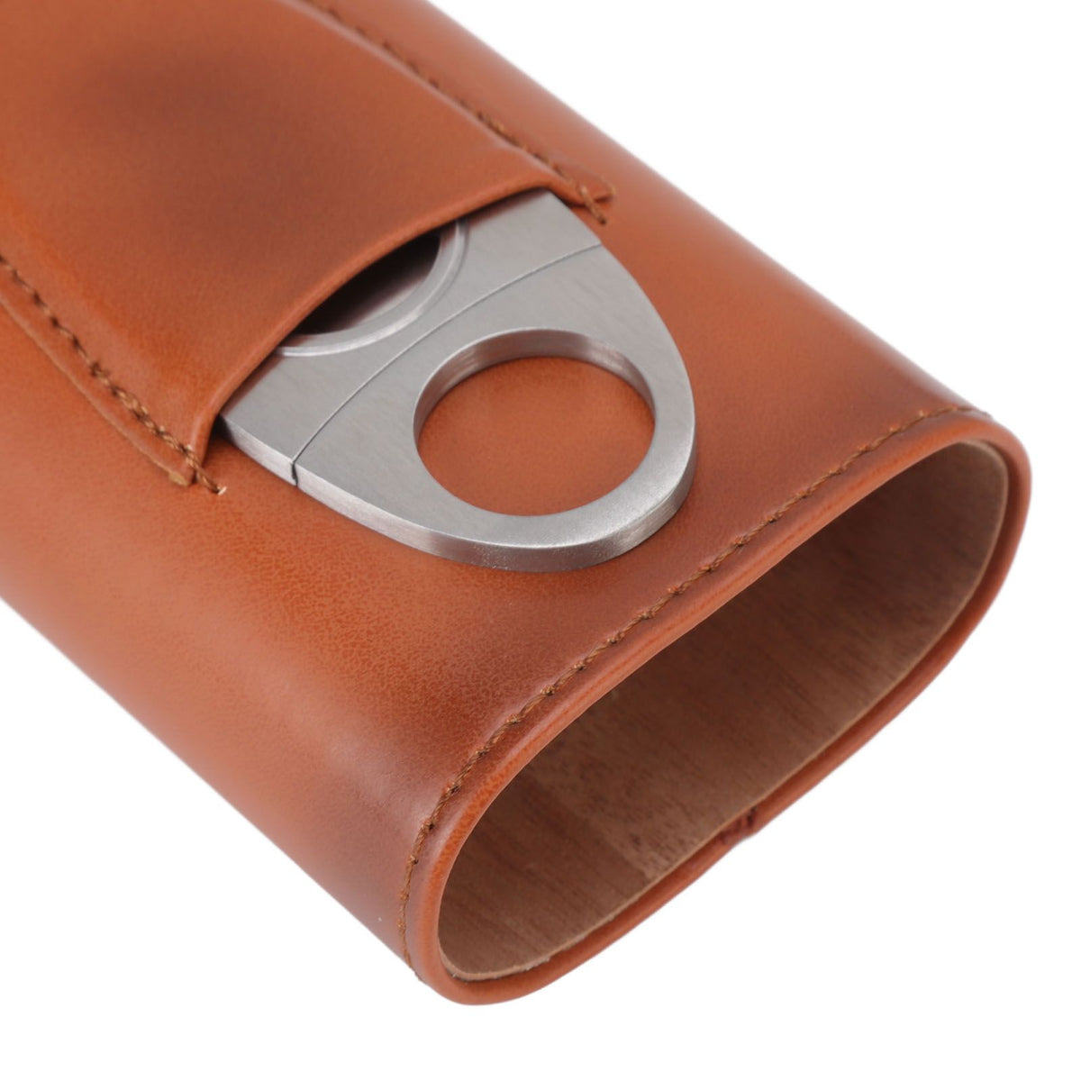 3 Finger Cigar Case Iron Cover Portable Soft Glossy Leather Cigar Holder Case with Cutter for Travel Brown