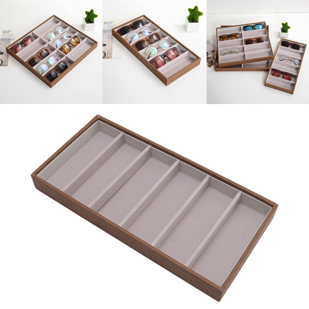 Eyeglass Display Organizer Wood Grain 6 Compartments Glasses Display Tray Sunglasses Storage Cases