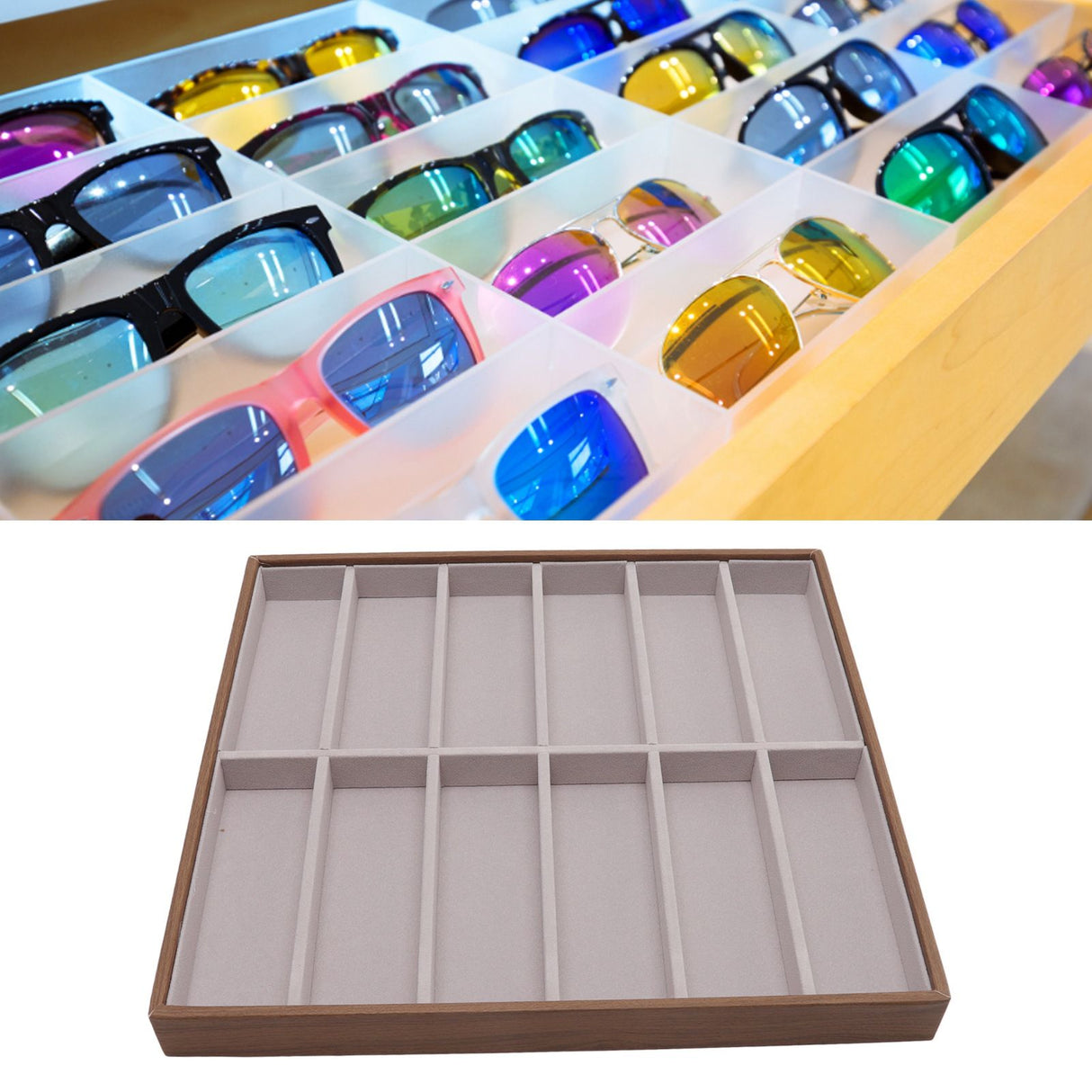Sunglasses Display Tray PU Wood Grain Sunglasses Storage Case for Home Glasses Store 12 Grids