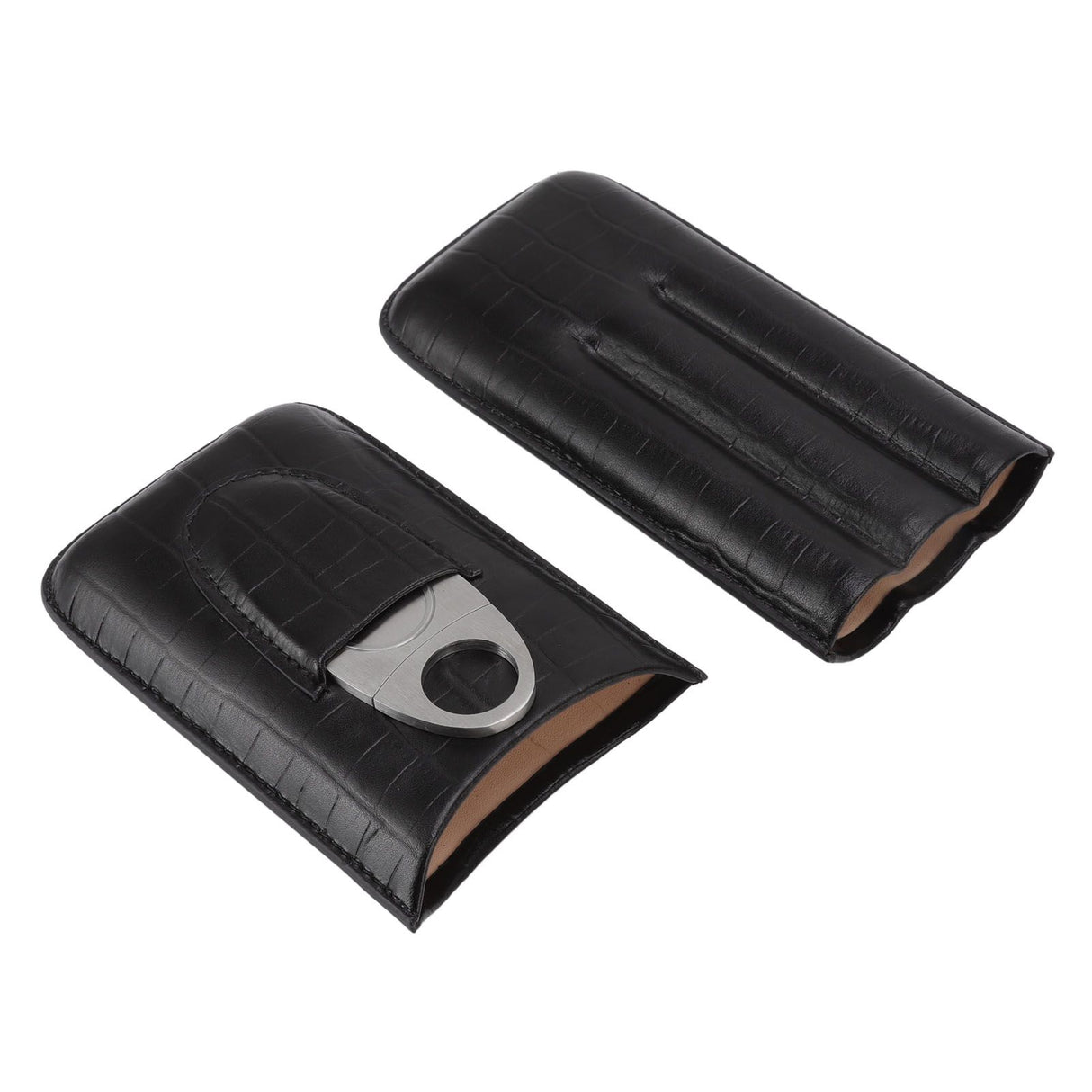 Cigar Leather Case Travel Portable 3pcs Cigar Holder Cigar Humidor with Cutter Set Black with Bamboo Joint Pattern