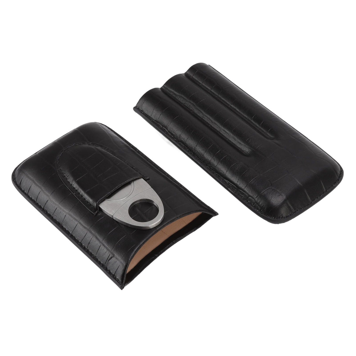 Cigar Leather Case Travel Portable 3pcs Cigar Holder Cigar Humidor with Cutter Set Black with Bamboo Joint Pattern
