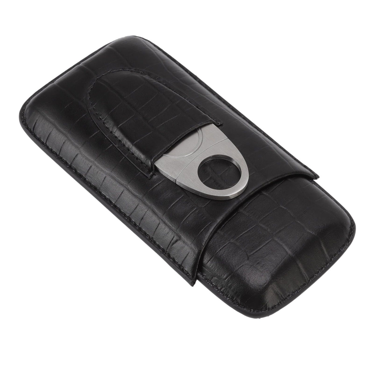 Cigar Leather Case Travel Portable 3pcs Cigar Holder Cigar Humidor with Cutter Set Black with Bamboo Joint Pattern