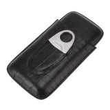 Cigar Leather Case Travel Portable 3pcs Cigar Holder Cigar Humidor with Cutter Set Black with Bamboo Joint Pattern - Top-Down View