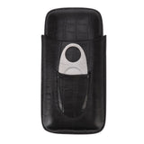 Cigar Leather Case Travel Portable 3pcs Cigar Holder Cigar Humidor with Cutter Set Black with Bamboo Joint Pattern - 45-Degree Angle