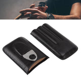 Cigar Leather Case Travel Portable 3pcs Cigar Holder Cigar Humidor with Cutter Set Black with Bamboo Joint Pattern