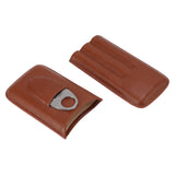 Portable Cigar Leather Case High Grade Leather Travel Portable Cigar Travel Bag Holder with Scissor Brown - Front View
