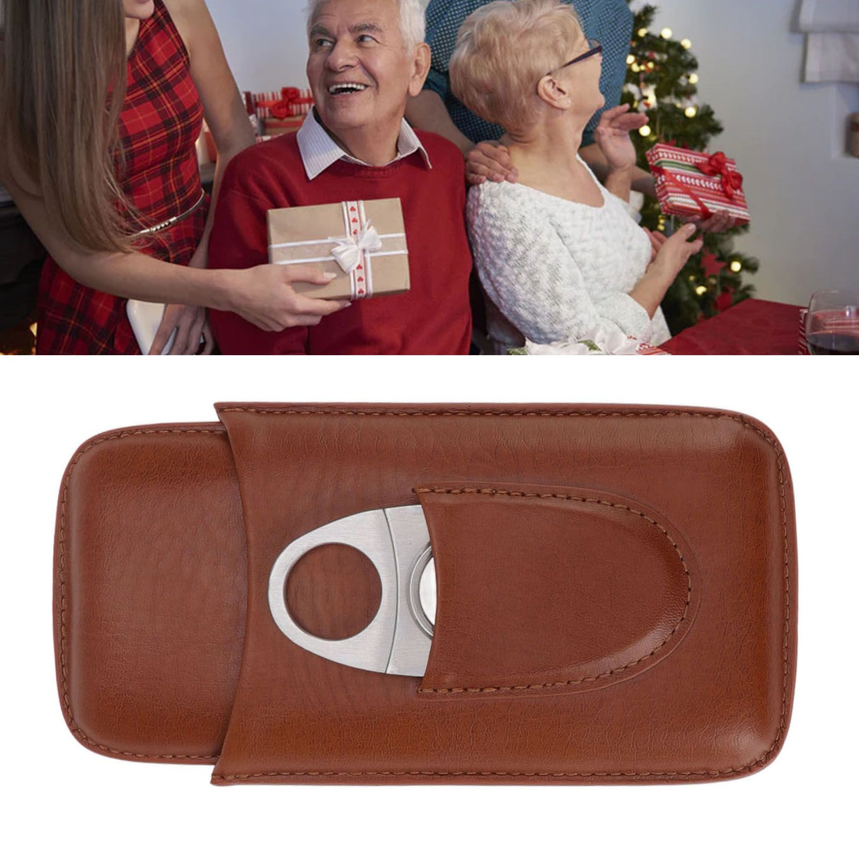 Portable Cigar Leather Case High Grade Leather Travel Portable Cigar Travel Bag Holder with Scissor Brown