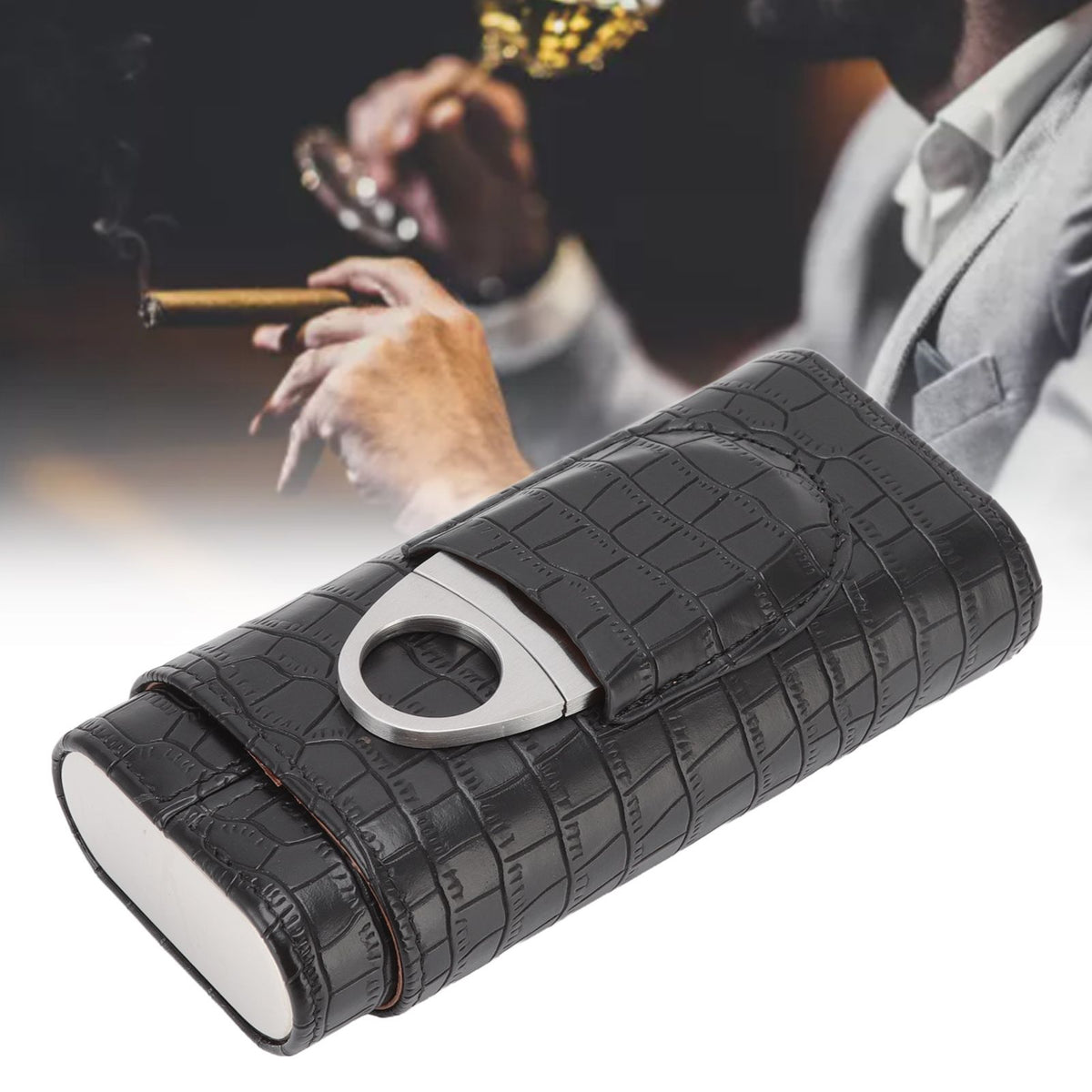 Cigar Leather Case Cedarwood Liner Portable 3pcs Cigar Holder Cigar Humidor Case with Cutter for Travel Black