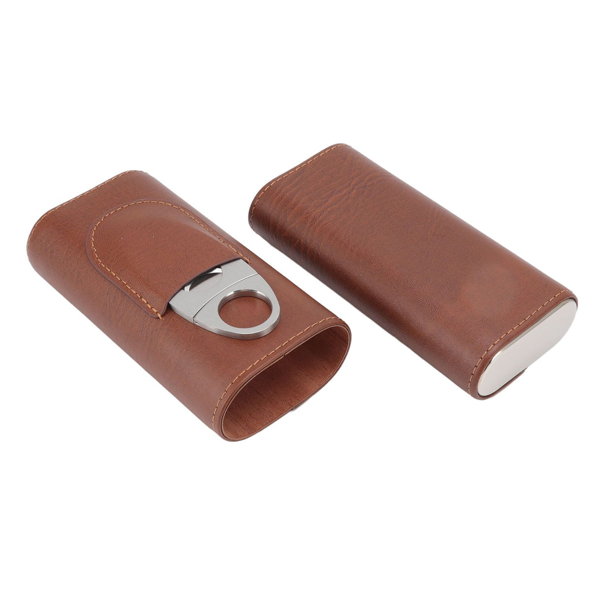 3 Finger Cigar Case Leather Cedarwood Lining Travel Portable Cigar Holder with Scissor Brown