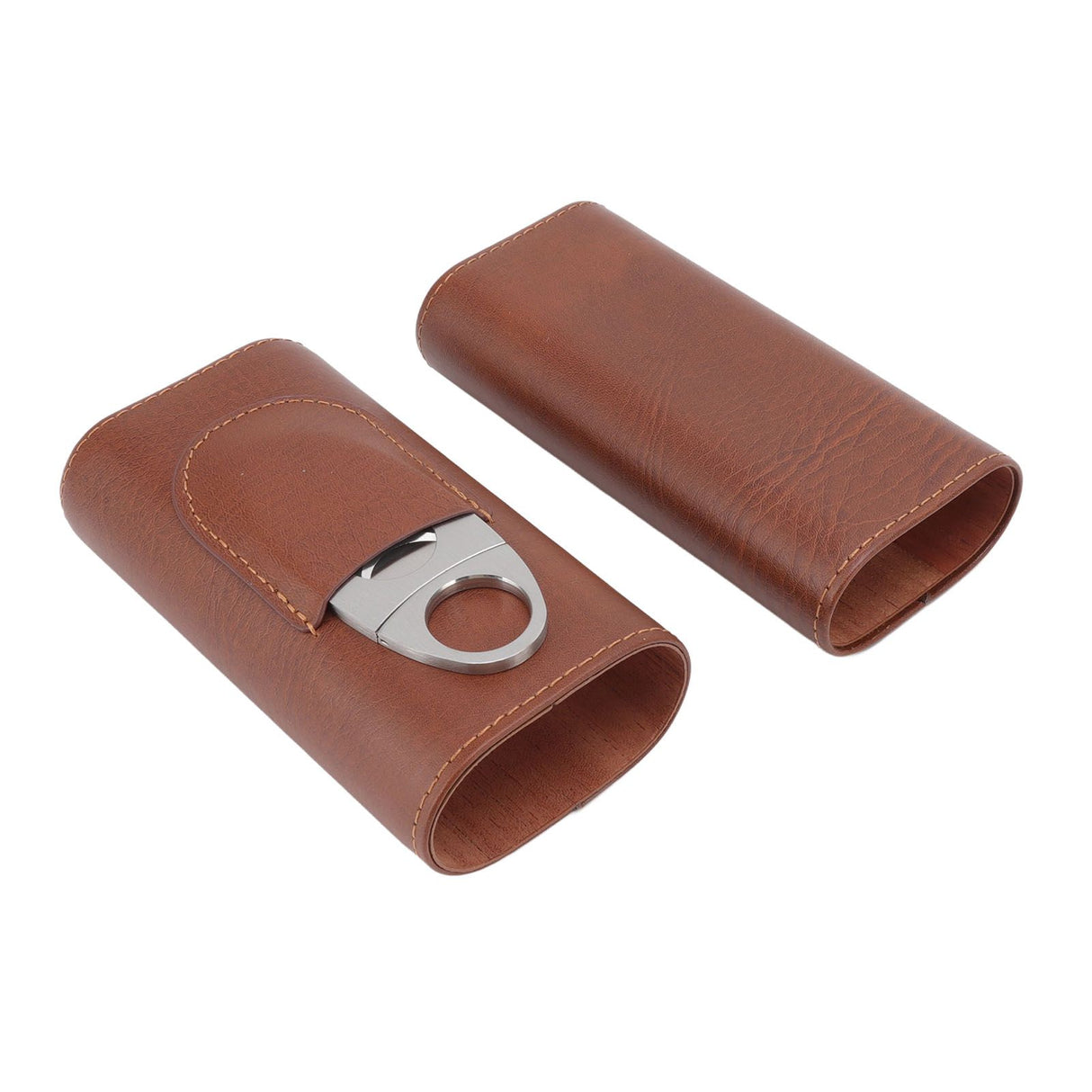 3 Finger Cigar Case Leather Cedarwood Lining Travel Portable Cigar Holder with Scissor Brown