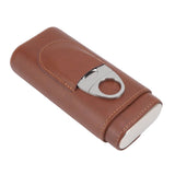 3 Finger Cigar Case Leather Cedarwood Lining Travel Portable Cigar Holder with Scissor Brown