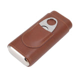 3 Finger Cigar Case Leather Cedarwood Lining Travel Portable Cigar Holder with Scissor Brown - Rear View