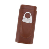 3 Finger Cigar Case Leather Cedarwood Lining Travel Portable Cigar Holder with Scissor Brown