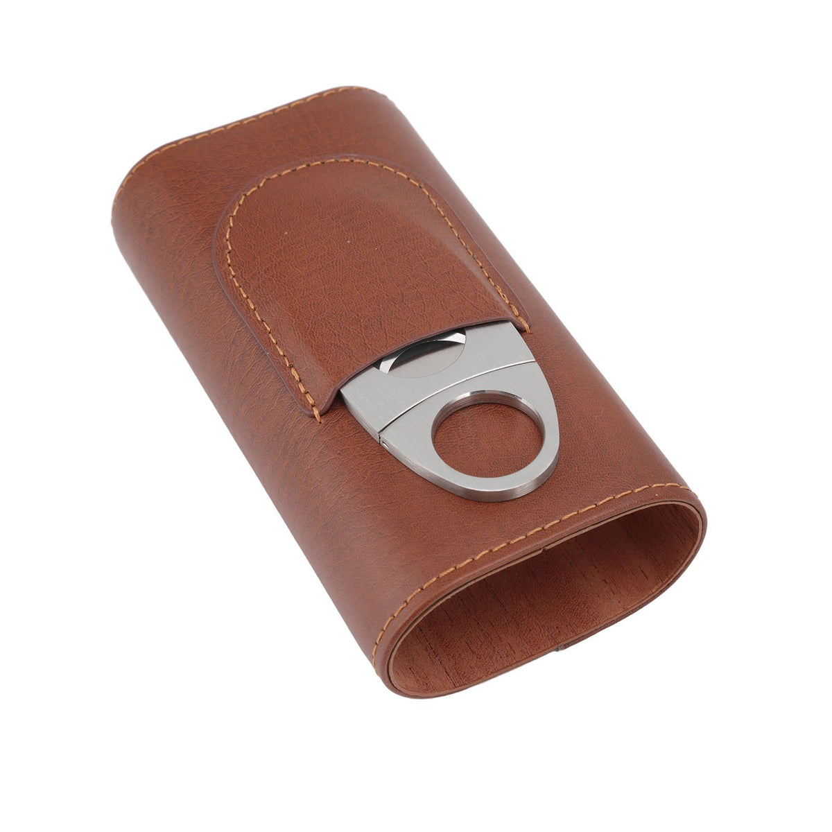 3 Finger Cigar Case Leather Cedarwood Lining Travel Portable Cigar Holder with Scissor Brown