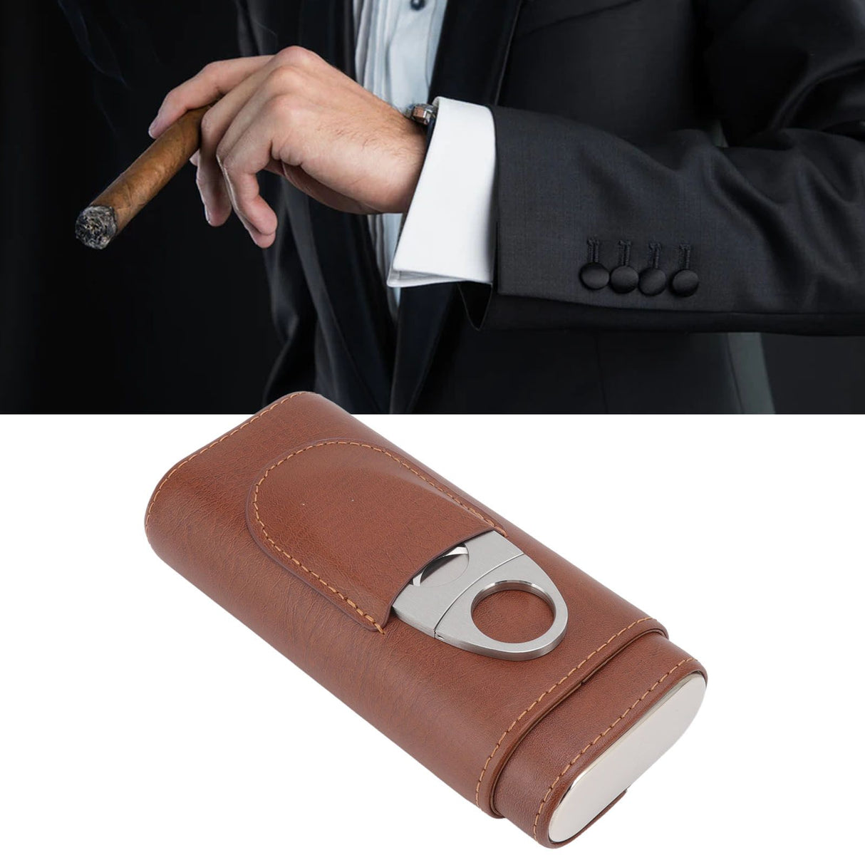 3 Finger Cigar Case Leather Cedarwood Lining Travel Portable Cigar Holder with Scissor Brown