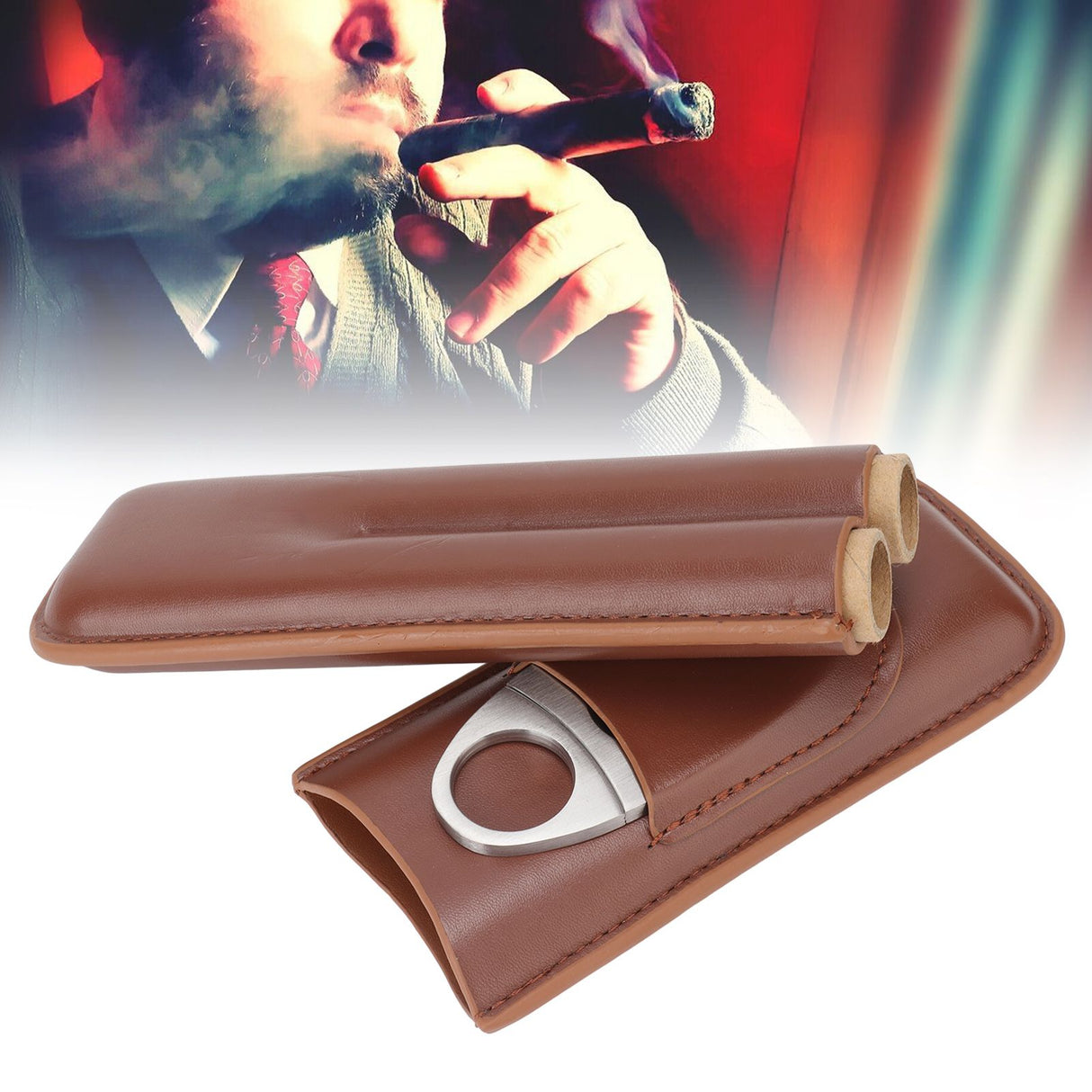 Travel Cigar Case Leather Portable with Cigar Clipper Cigar Holder for 2 Cigars Business Office