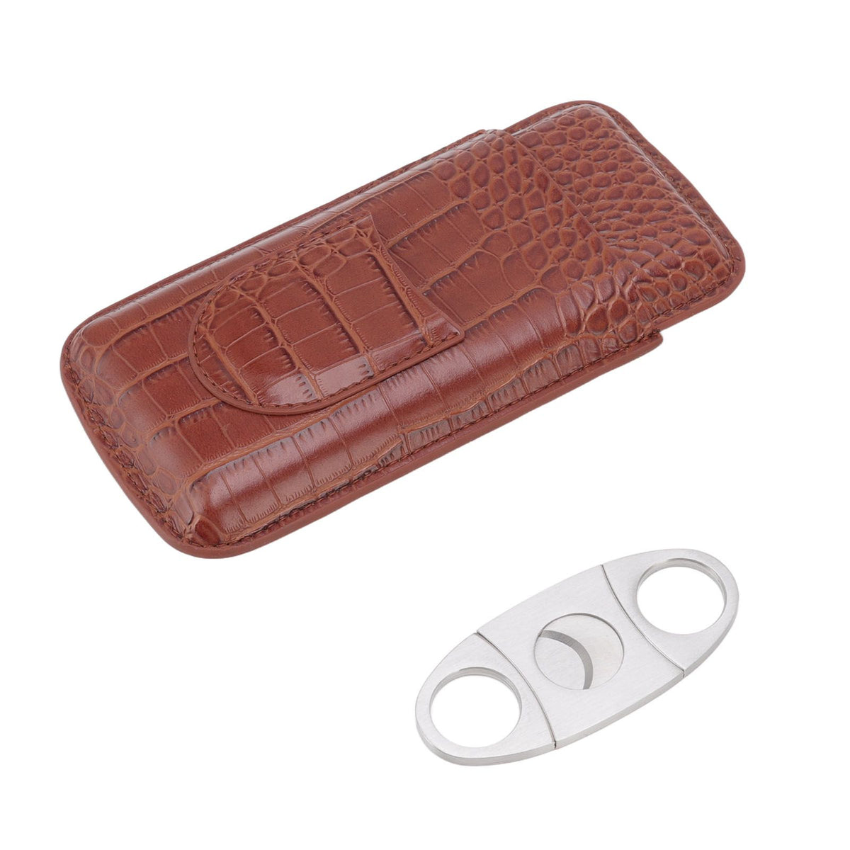 3 Finger Cigar Case High Grade Leather Travel Portable Cigar Holder with Cutter Coffee