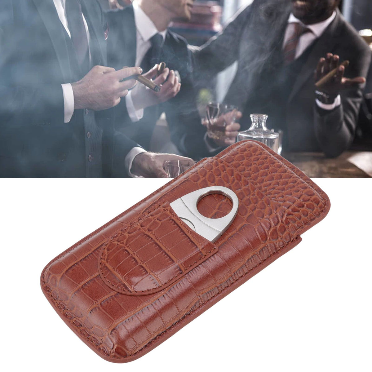3 Finger Cigar Case High Grade Leather Travel Portable Cigar Holder with Cutter Coffee