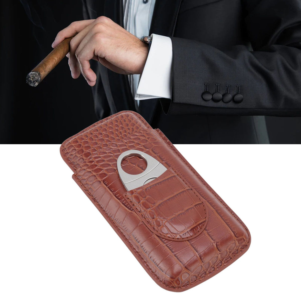 3 Finger Cigar Case High Grade Leather Travel Portable Cigar Holder with Cutter Coffee