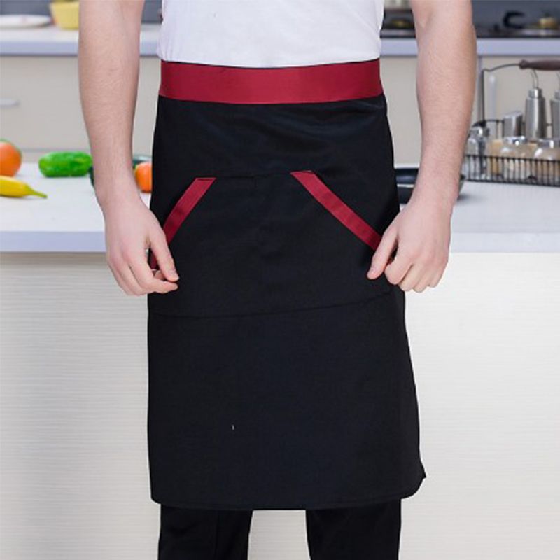 2pcs Chef Waist Apron Soft Moisture Absorbent Breathable Polyester Men's Half Apron with Pockets for Hotel Restaurant Bar Black
