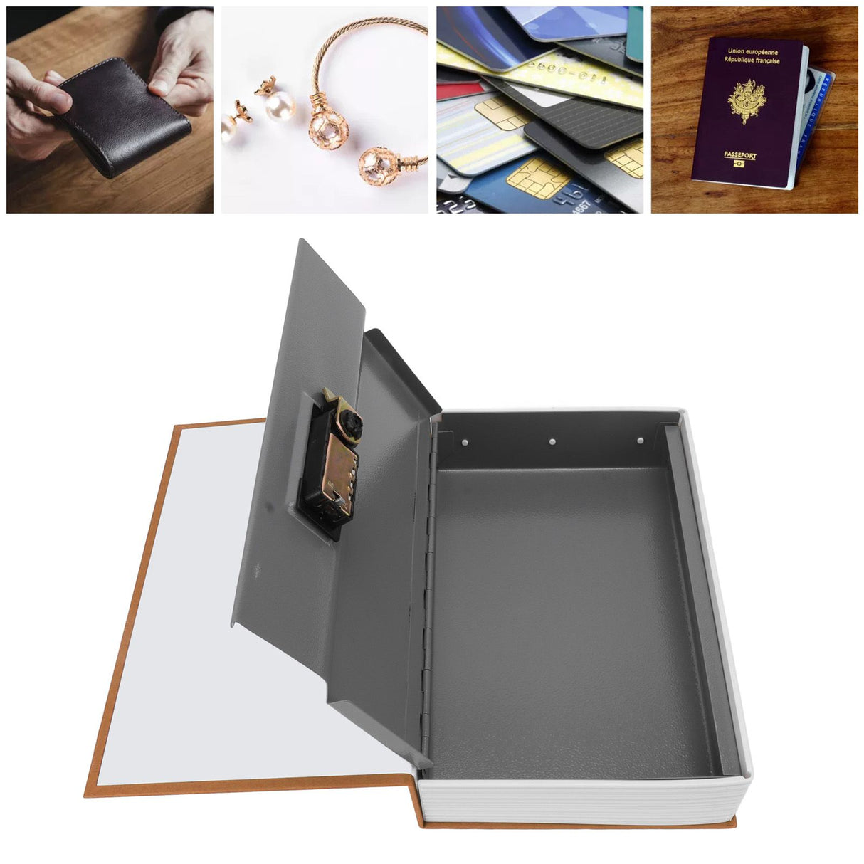 Diversion Book Safe Large Size Dictionary Style Stainless Steel Book Safe Combination Lock for Coins Card Documents Brown