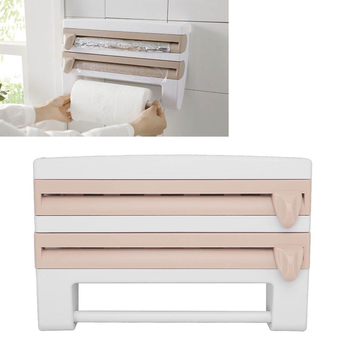 Cling Film Holder Wall Mount Multifunctional Cling Film Cutter with Screws for Kitchen Khaki