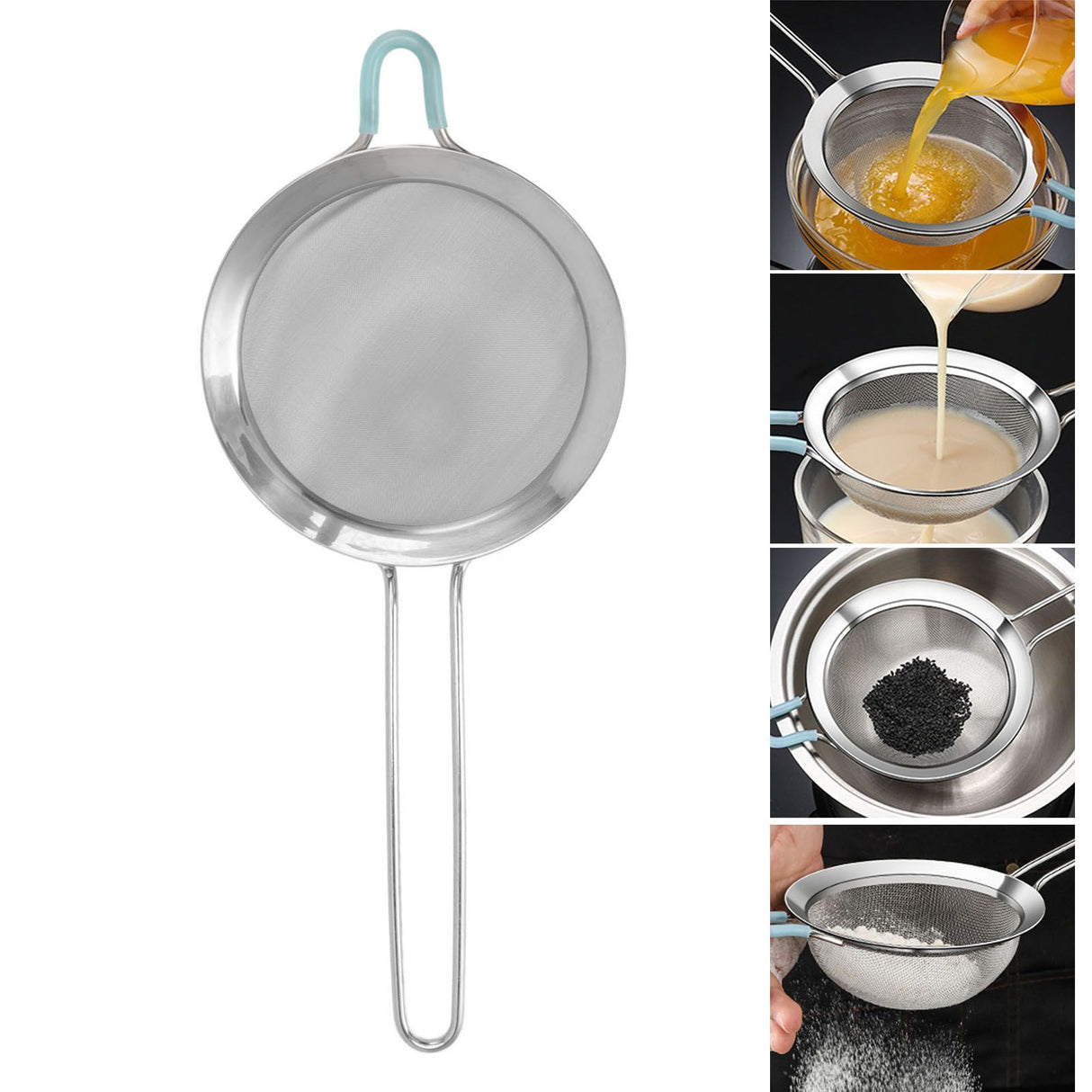 60 Mesh Fine Strainer Stainless Steel Handheld Flour Colander with Long Handle for Kitchen 14cm/5.5in