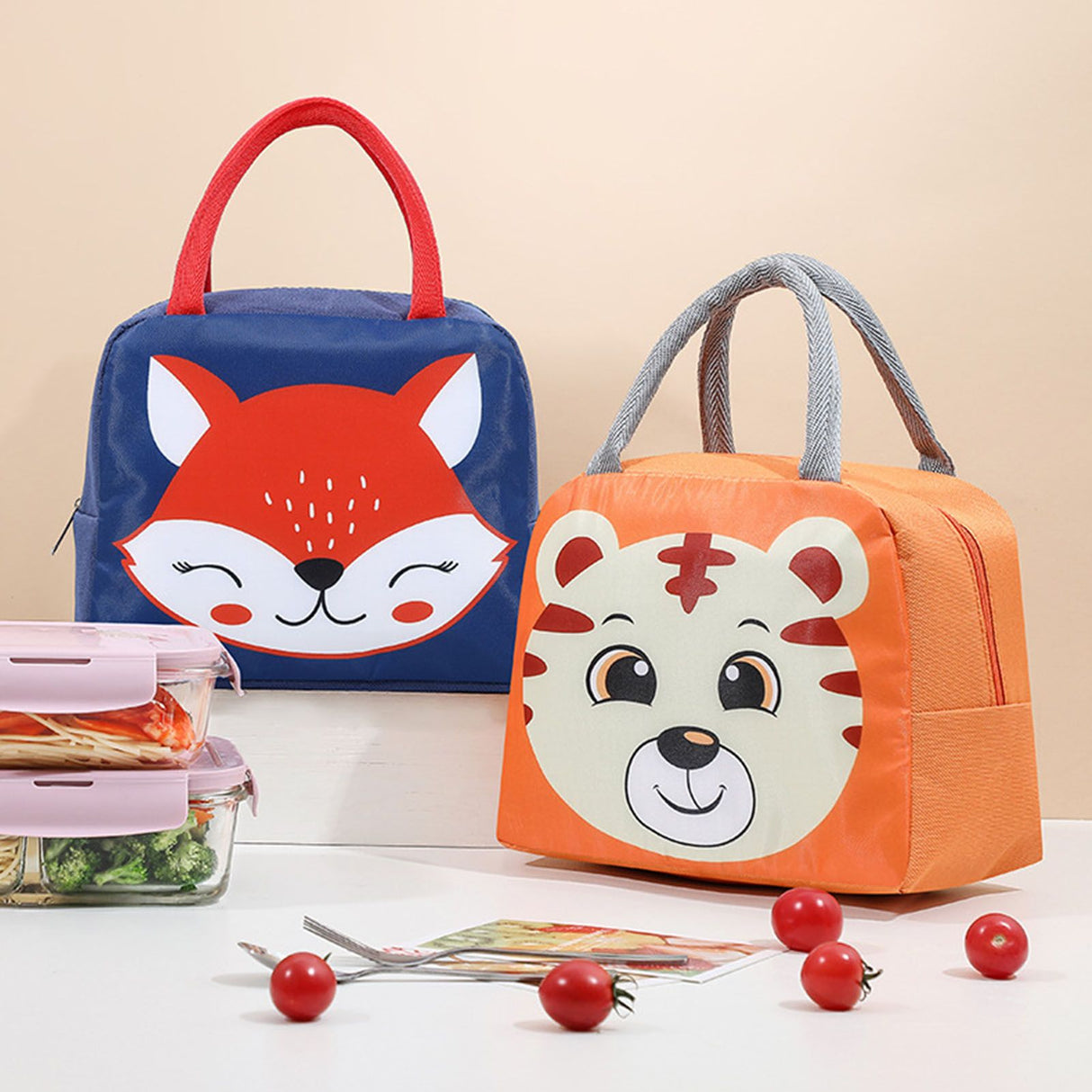 Lunch Bag Cute Cartoon Animal Pattern Waterproof Large Capacity Portable Thermal Insulation Lunch Box Bag for Women Men Fox