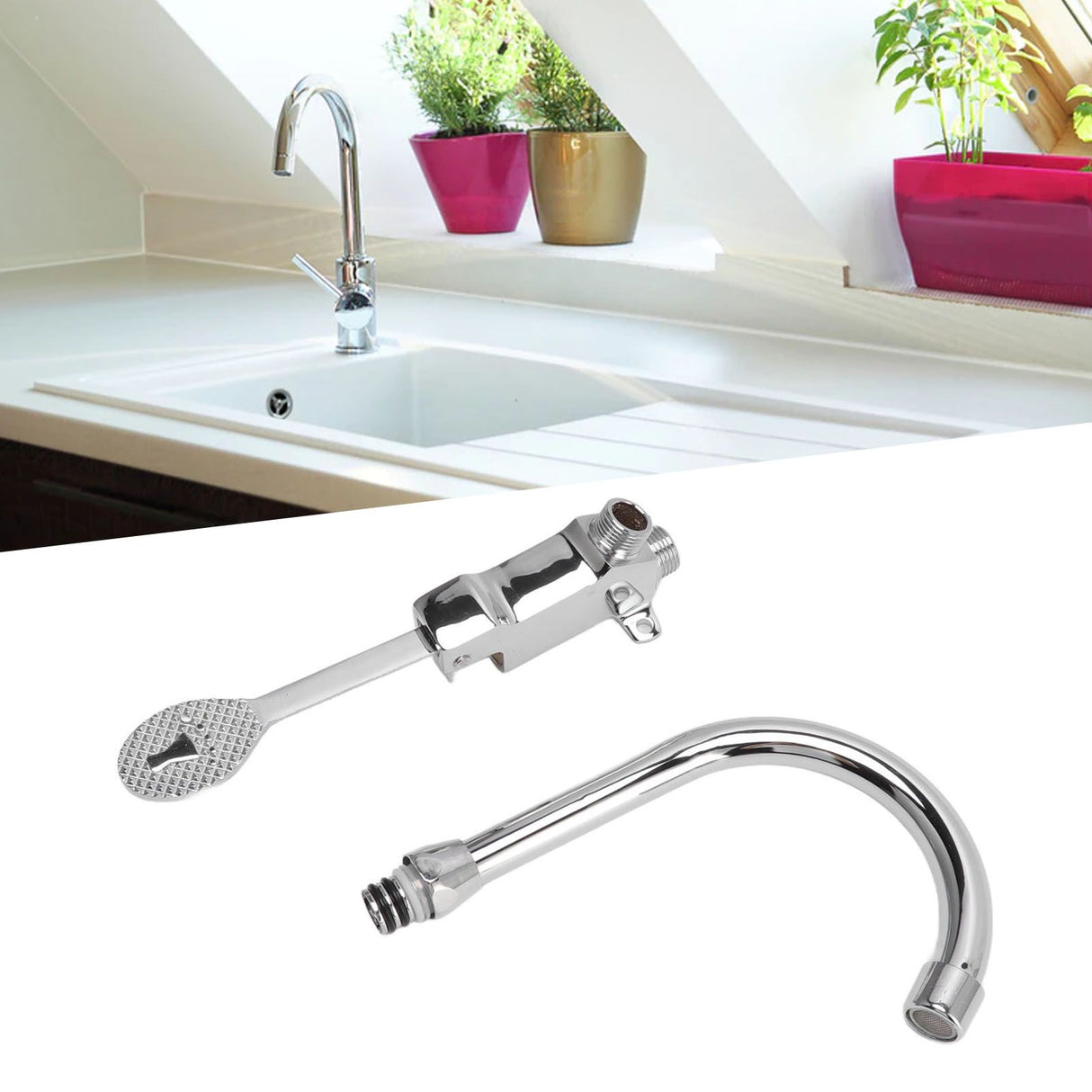 Foot Pedal Faucet Set Stainless Steel Hands Free Silver Touchless Floor Mount Foot Control Water Tap Kit