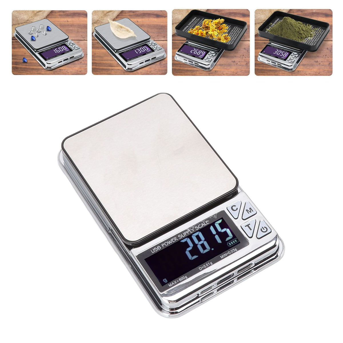 High Accuracy Digital Scale 600/0.01g LCD Display Waterproof USB Charging Electronic Scale for Kitchen Jewelry