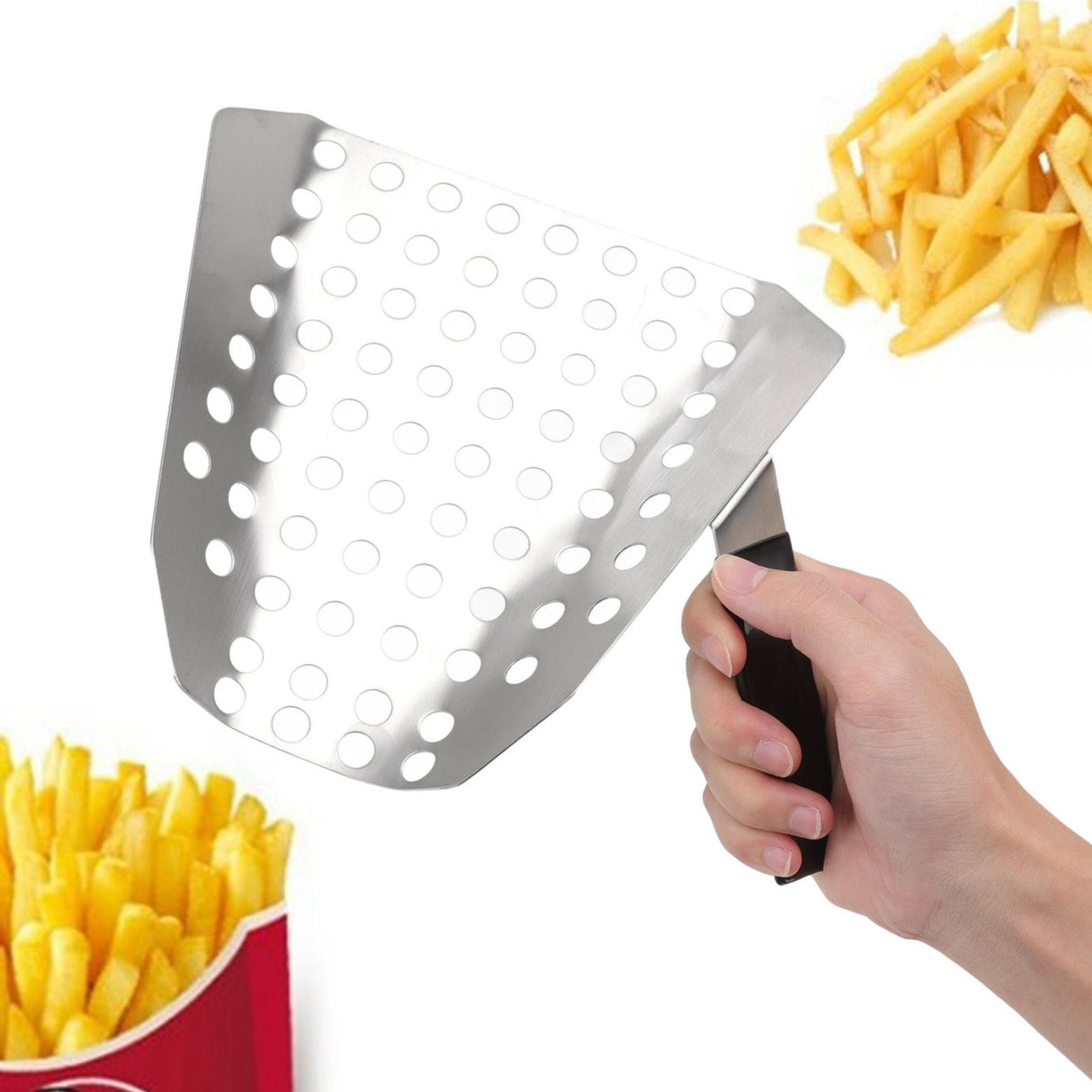 Popcorn Scoop Ergonomic Single Handle Stainless Steel Fries Scooper with Holes for Movie Theater Shop