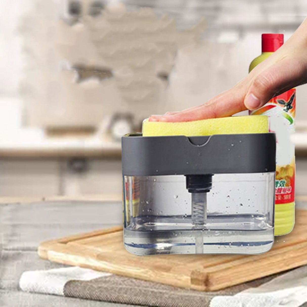 Dish Soap Dispenser Press Design Automatically Liquid Dispenser Box Sponge Holder Soap Dispenser for Home Kitchen Grey