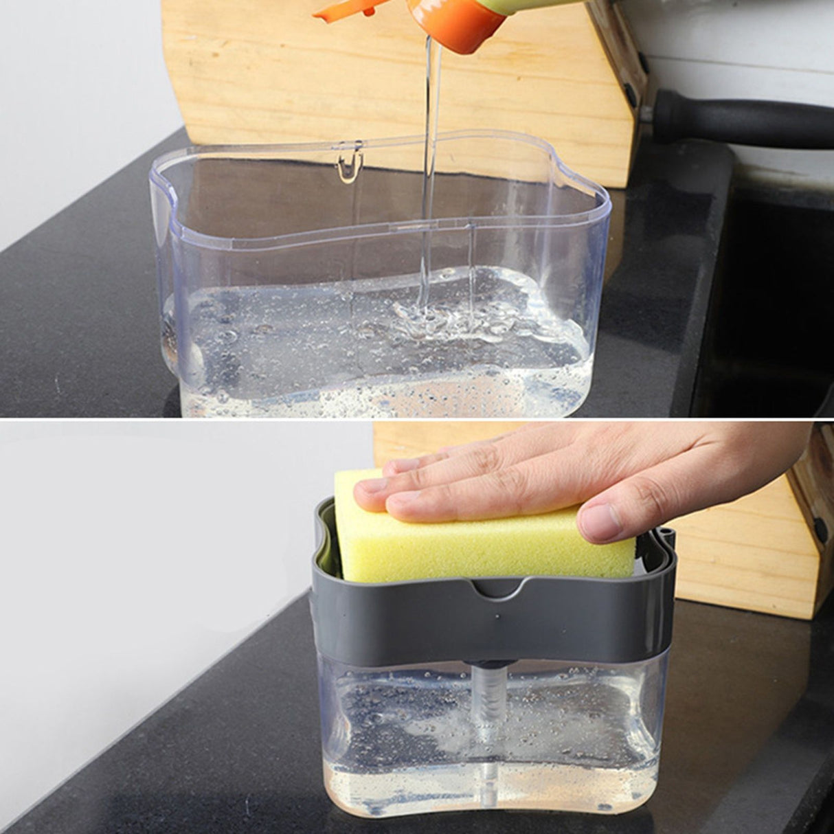 Dish Soap Dispenser Press Design Automatically Liquid Dispenser Box Sponge Holder Soap Dispenser for Home Kitchen Grey