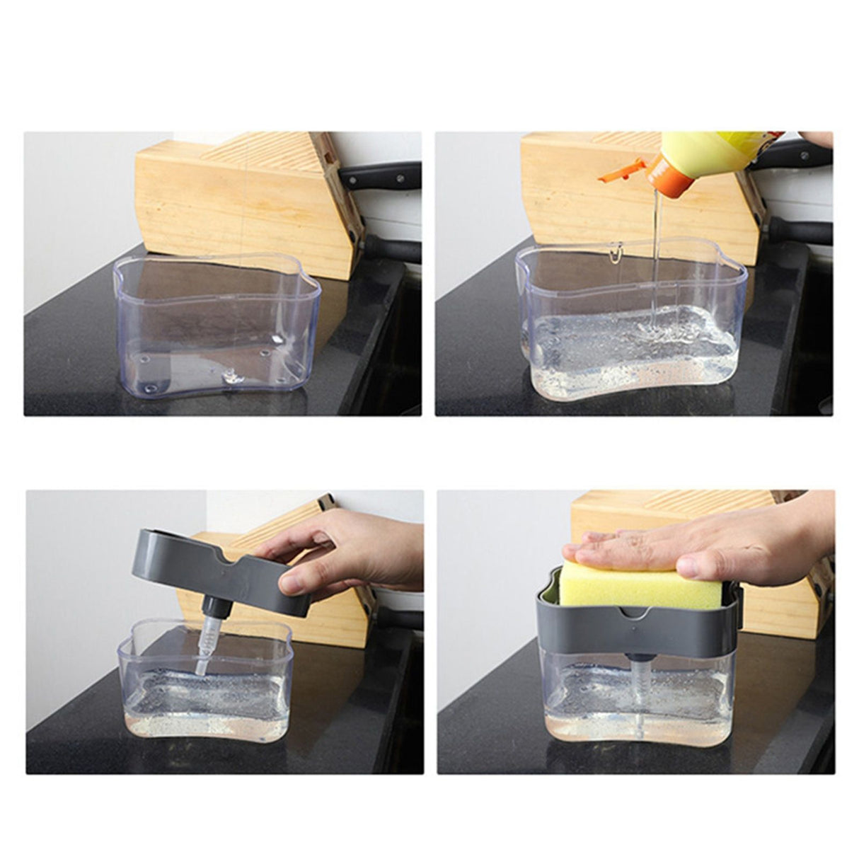 Dish Soap Dispenser Press Design Automatically Liquid Dispenser Box Sponge Holder Soap Dispenser for Home Kitchen Grey