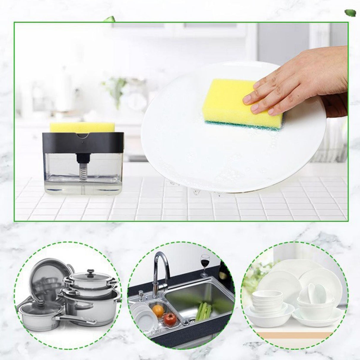 Dish Soap Dispenser Press Design Automatically Liquid Dispenser Box Sponge Holder Soap Dispenser for Home Kitchen Grey
