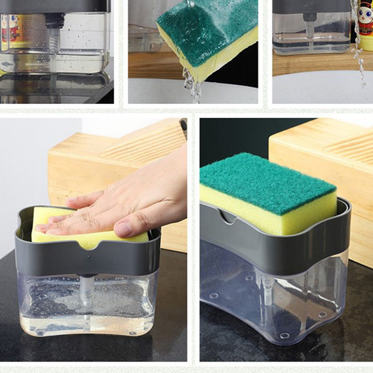 Dish Soap Dispenser Press Design Automatically Liquid Dispenser Box Sponge Holder Soap Dispenser for Home Kitchen Grey