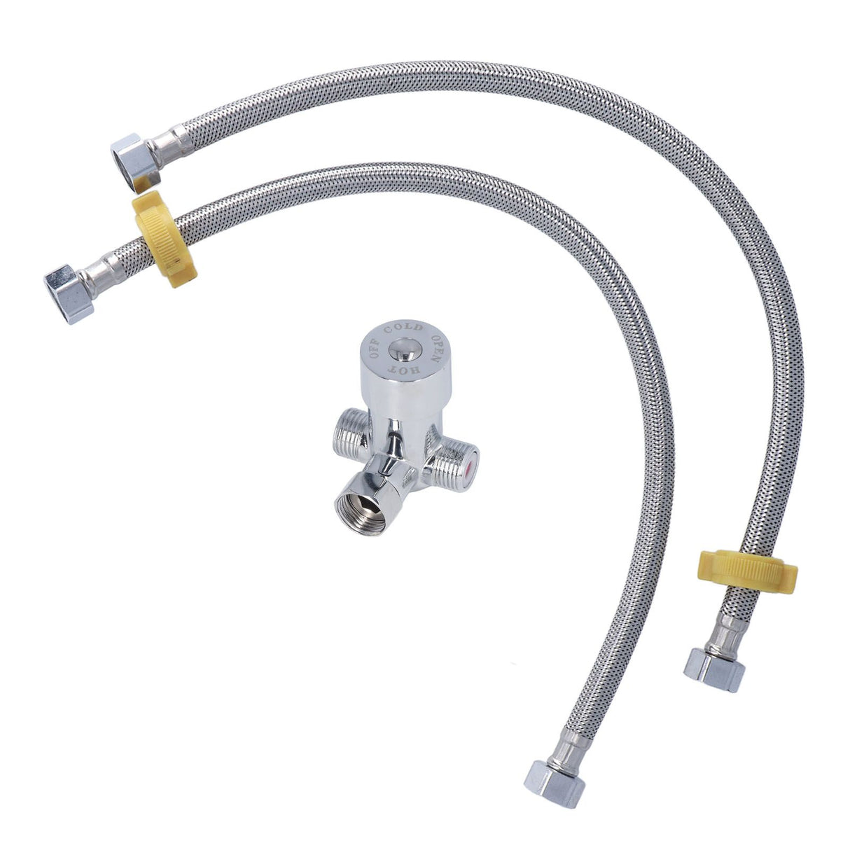 G1/2 Thread Thermostatic Mixer Valve Stainless Steel Hot Cold Water Mixing Tempered Valve with Dual Hoses for Pedal Control Tap
