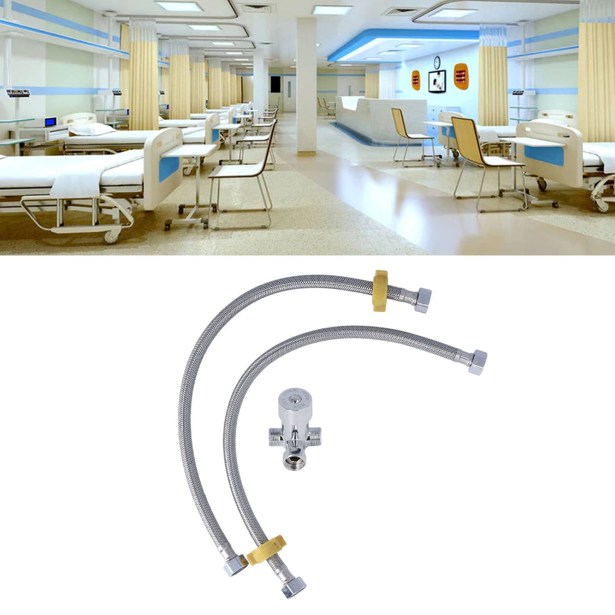 G1/2 Thread Thermostatic Mixer Valve Stainless Steel Hot Cold Water Mixing Tempered Valve with Dual Hoses for Pedal Control Tap