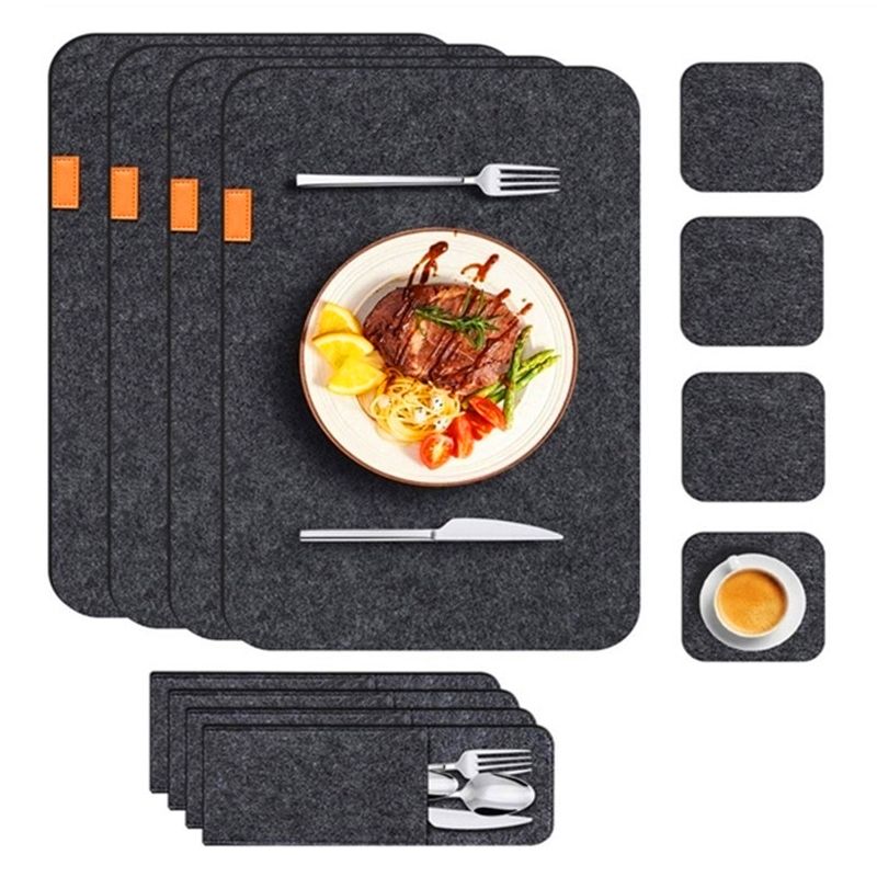 Placemat Cup Mat Set Felt Heat Insulation with Fork Bag Tableware Mat for Home Kitchen Dark Gray