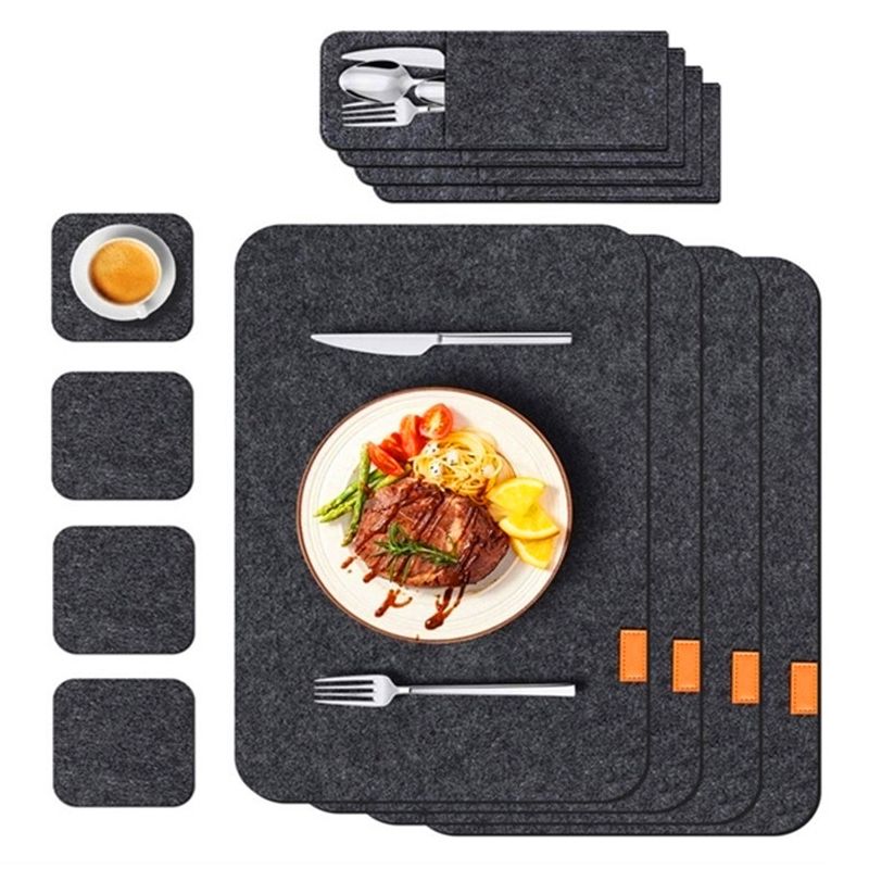 Placemat Cup Mat Set Felt Heat Insulation with Fork Bag Tableware Mat for Home Kitchen Dark Gray