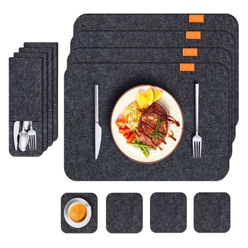 Placemat Cup Mat Set Felt Heat Insulation with Fork Bag Tableware Mat for Home Kitchen Dark Gray