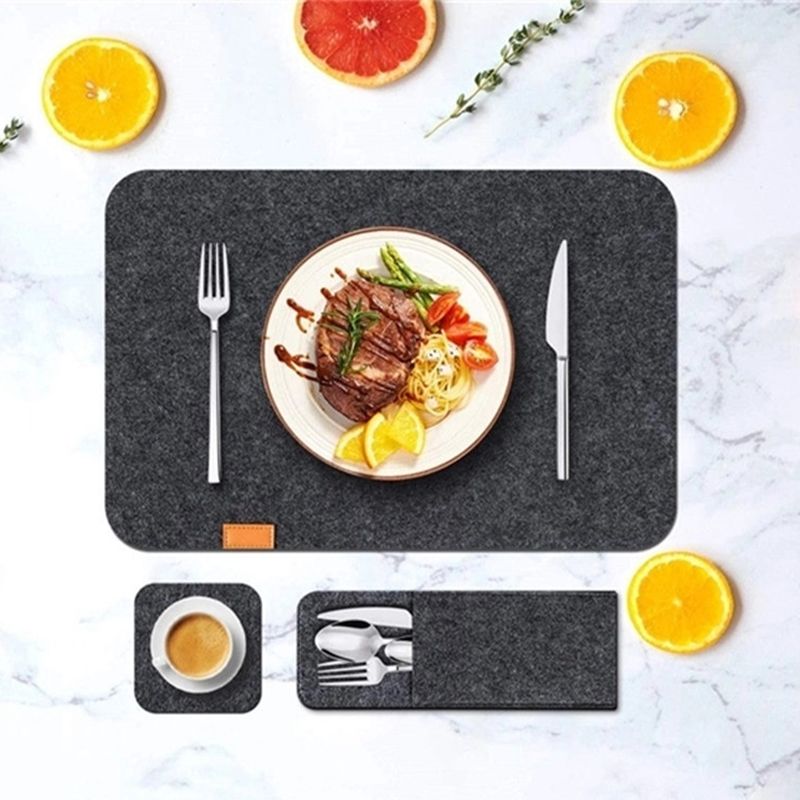 Placemat Cup Mat Set Felt Heat Insulation with Fork Bag Tableware Mat for Home Kitchen Dark Gray