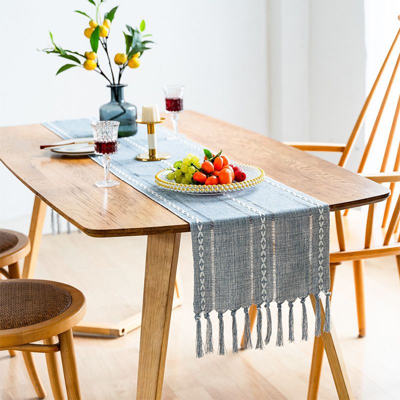 Retro Table Runner Elegant Hand Woven Cotton Linen Dining Table Runner with Tassels for Wedding Home Cross Blue